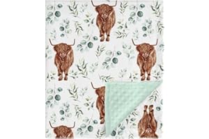 HAWSKGFUB Highland Cow Eucalyptus Leaf Mink Baby Blanket Dotted Backing Boy Girl Gift, Western Farm Animal Yak Double Layer Flannel Nursery Bed Blankets, Soft Plush Newborn Infant Toddler Crib Bedding 30 x 40
