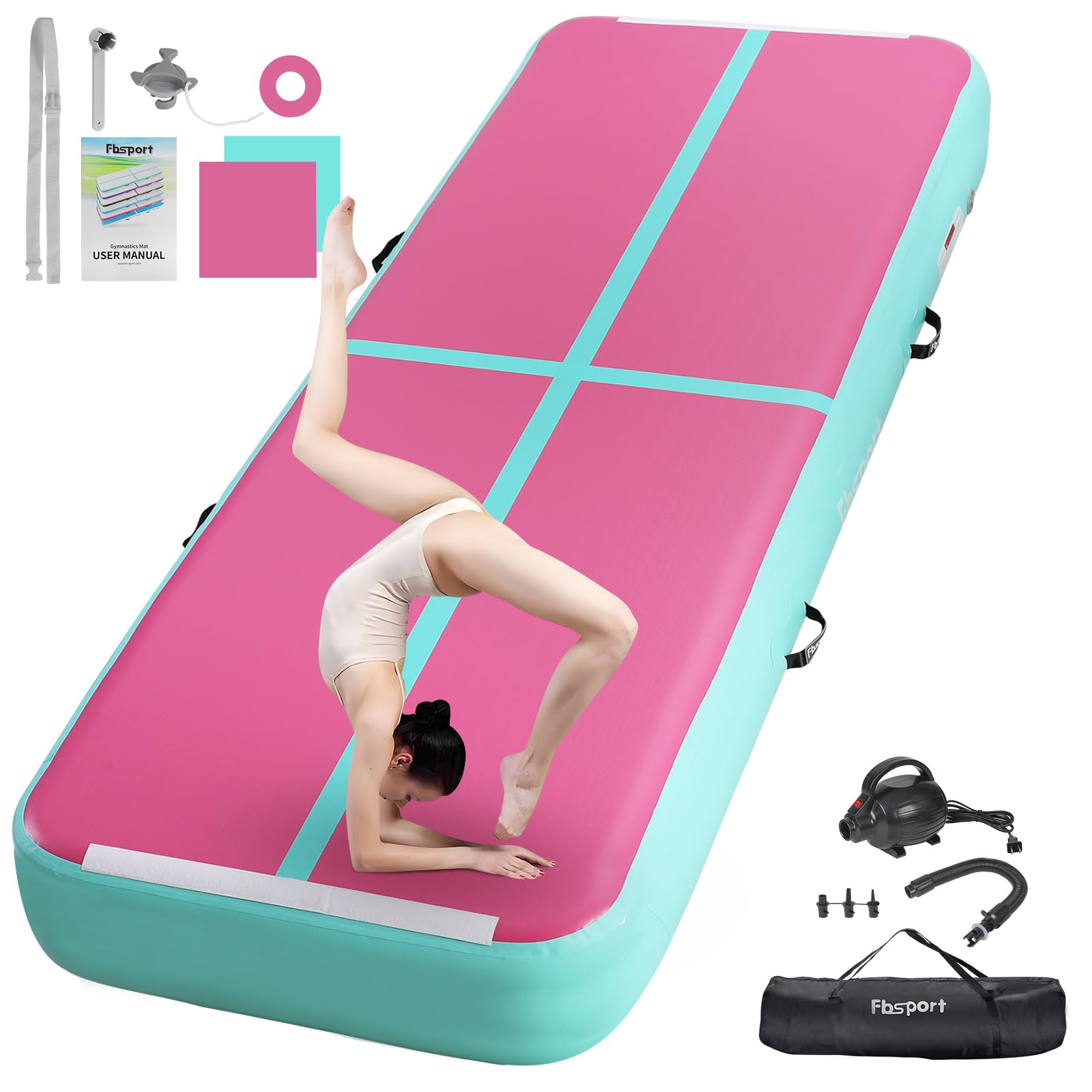 FBSPORT 13.12ft Inflatable Air Gymnastics Mat Training Mats 4 inches Thickness Gymnastics Tracks for Home Use/Training/Cheerleading/Yoga/Water with Pump Pink+Green Image