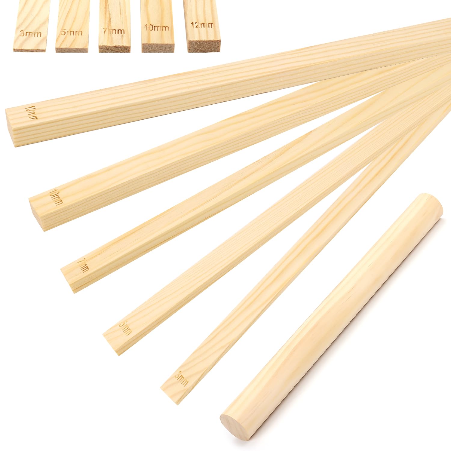 11pcs Pottery Rolling Depth Guide Sticks and Wooden Rolling Pin Set, 3mm 5mm 7mm 10mm 12mm Wooden Rolling Out Sticks, Thickness Strips for Craft Pottery Polymer Clay (5 Sizes)