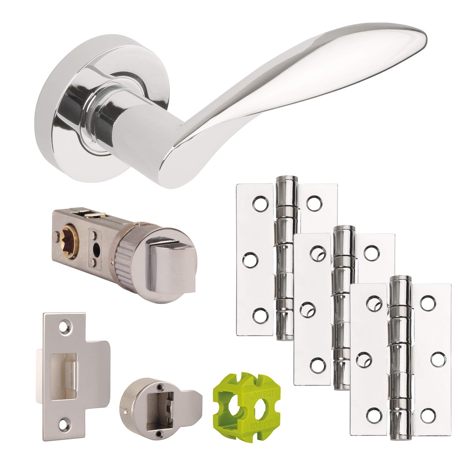 JIGTECH JTB72000 Cresta Door Pack, Includes Stylish Polished Chrome Plated Levers on Round Roses, Hinges, and CE Smart Latch, Perfect for use in Residential or Commercial environments