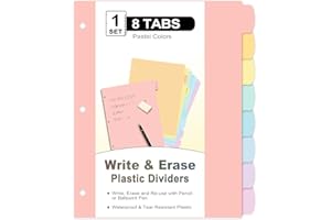 8 Count/1 Set Write & Erase Binder Dividers with Tabs, Plastic 8 Tab Dividers for 3 Ring Binder Letter Size, Separators for S