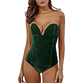 Women Sexy Velvet Strapless Bodysuit Jumpsuit Sweetheart Deep V Neck Cross Back Vintage Bodycon Leotard Bustier Top