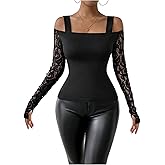 SweatyRocks Women's Lace Tops Cold Shoulder Long Sleeve Double Lined Tee Shirts Night Out Outfits