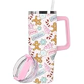 FYSUIMU 1Pc Christmas Tumbler with Handle Lid Straw 40oz Pink Xmas Tree Gingerbread Man Stainless Steel Travel Tumbler Cup for Winter Holiday Iced Coffee Party Favor