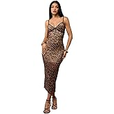 GORGLITTER Women's Cheetah Leopard Y2k Mesh Bodycon Dress Cocktail Party Sleeveless Maxi Cami Dresses