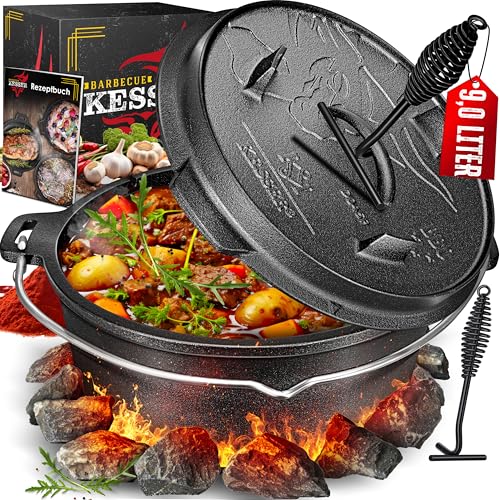 KESSER® Dutch Oven Set BBQ 9 Liter, Feuertopf Schmortopf mit Füßen, Gusseisen Topf mit Deckelheber Henkel und Schlitz für Themormeter, kochkessel Gril