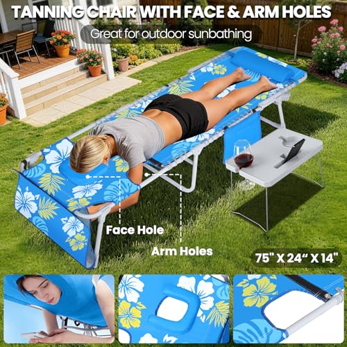 KingSom Tumbona Plegable con Agujero para la Cara, Tumbona Jardín Exterior con Mesa Plegable, Capacidad de 160kg,Tumbona Playa Reclinable de 6 Posiciones con Reposacabezas&Bolsillo,para Jardín,Piscina