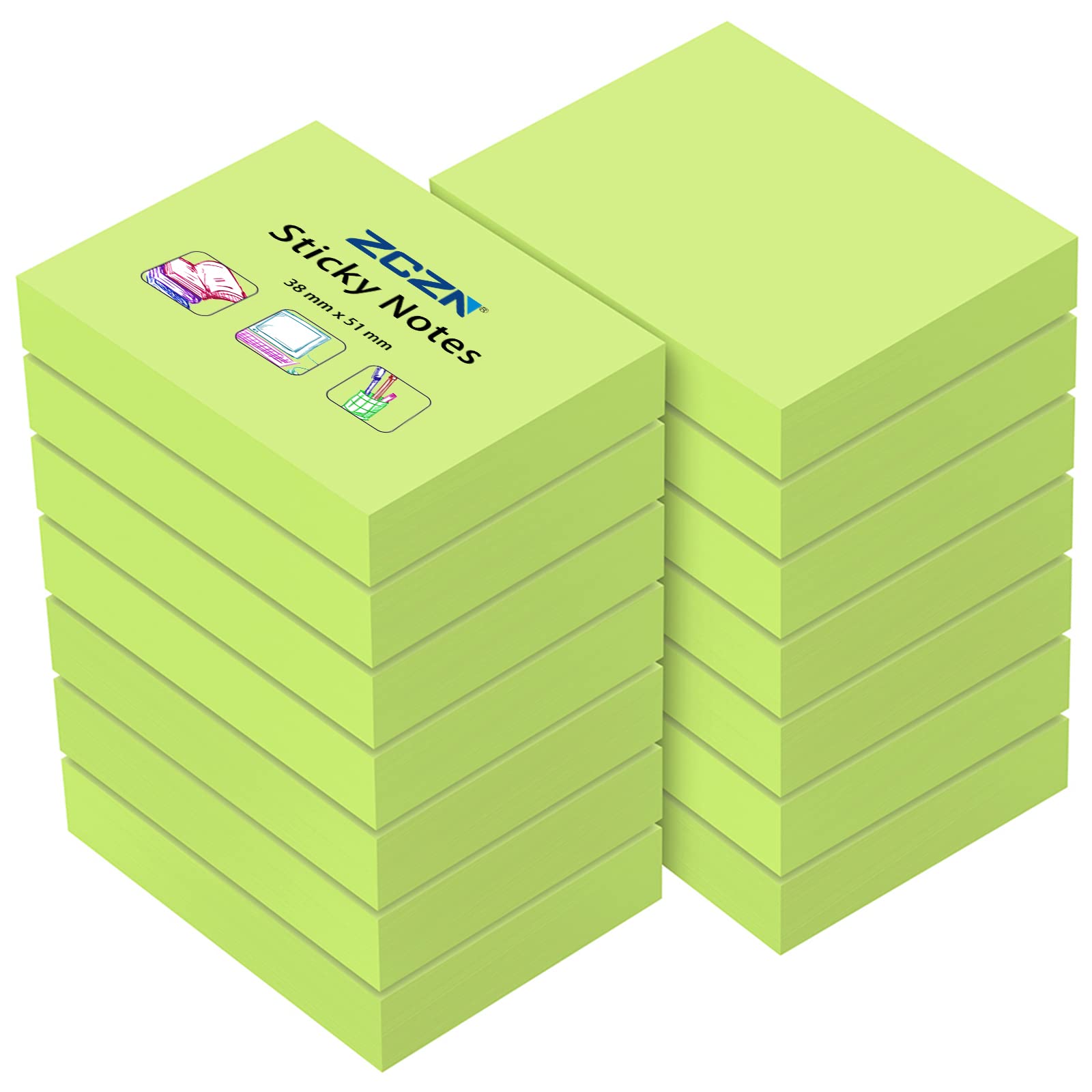 ZCZN Small Sticky Notes 38 x 51mm, 100 Sheets/Pad, 14 Pads, Green