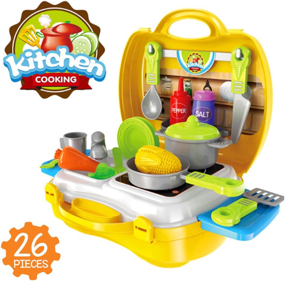 Toy Kitchen Set | Fun 26 pcs Colorful Mini Cooking Play Set Pot Pans Cups Bowls Dishes Utensils Pitchers Plates Spatula | Safe ABS Material for Kids Children | 1315.1