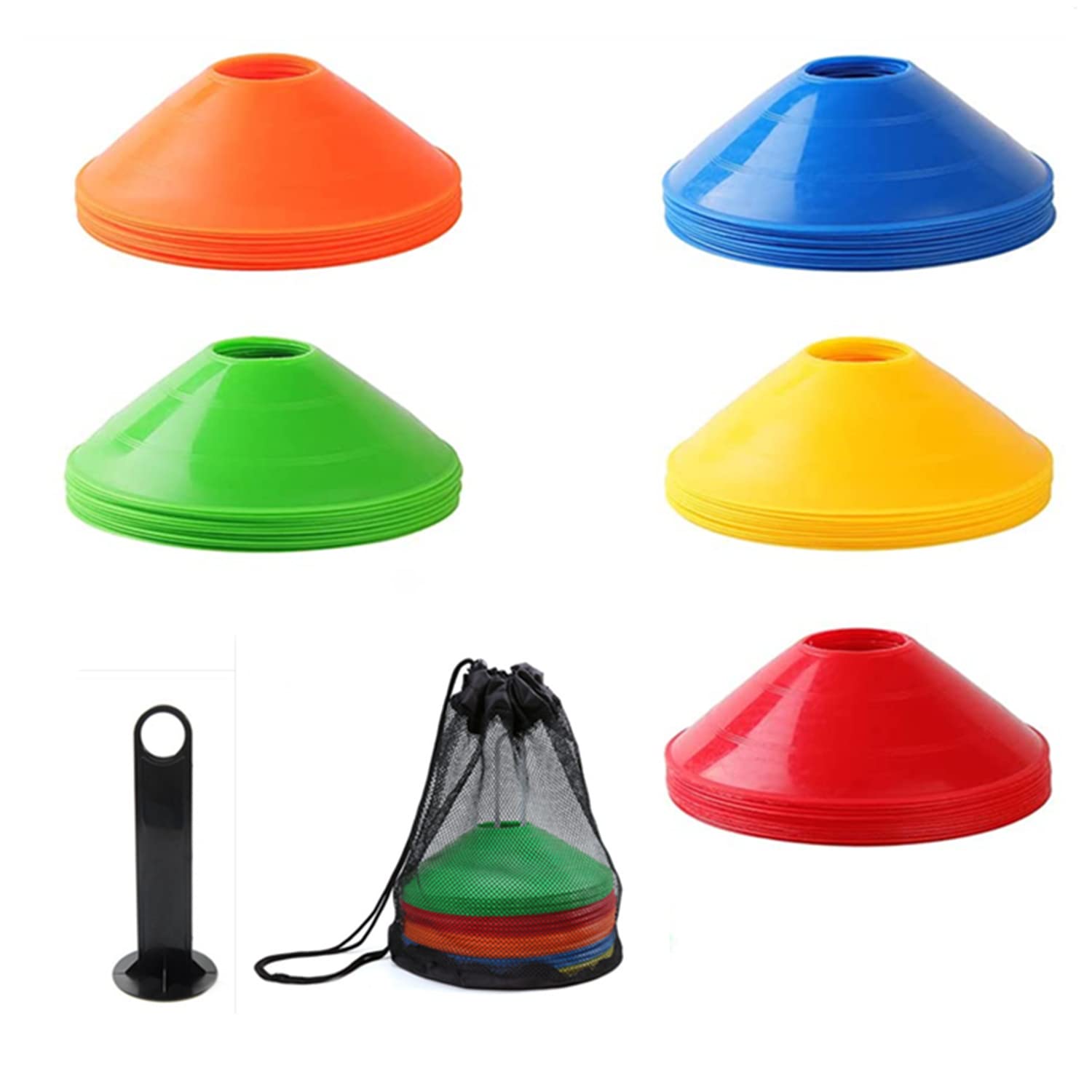 LATRAT 25 Disc Shaped Cones, Marking Cones for Sports Training Agile for Football and Field Marking (Comes with Storage Stand and Net Bag