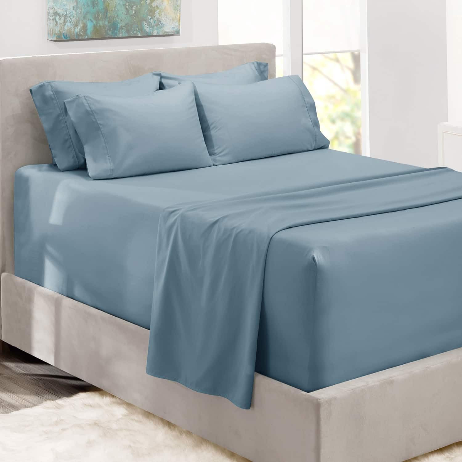 Hearth & Harbor Bed Sheets, Luxury Soft 6 Piece Bed Sheet Set Extra Deep Pocket Fitted Sheets Fits Mattress up to 21", Double Brushed Bedding Sheets & Pillowcases, Queen, Soft Blue Image Hearth & Harbor Bed Sheets, Luxury Soft 6 Piece Bed Sheet Set Extra Deep Pocket Fitted Sheets Fits Mattress up to 21", Double Brushed Bedding Sheets & Pillowcases, Queen, Soft Blue Image