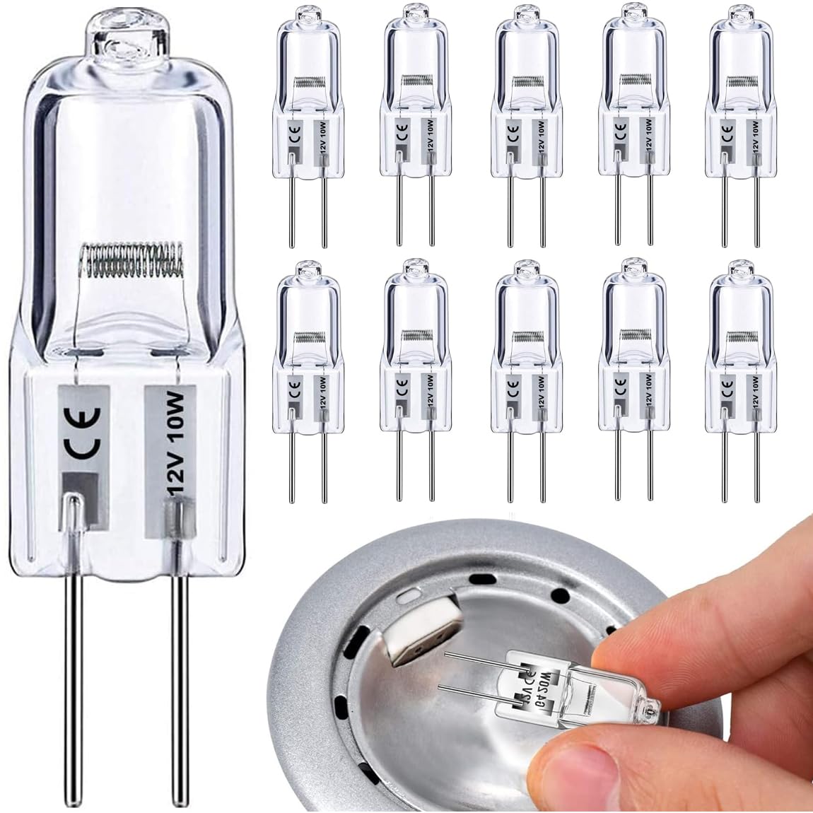 Vinaco G4 Halogen Bulbs 10W,10 Pack G4 Dimmable Warm White 2800K,Long Lasting 10W 12V G 4 Bi Pin Halogen,High Output 150LM G 4 Bulb with T3 JC Type, Capsule Bulb for Cabinet Light Bulbs