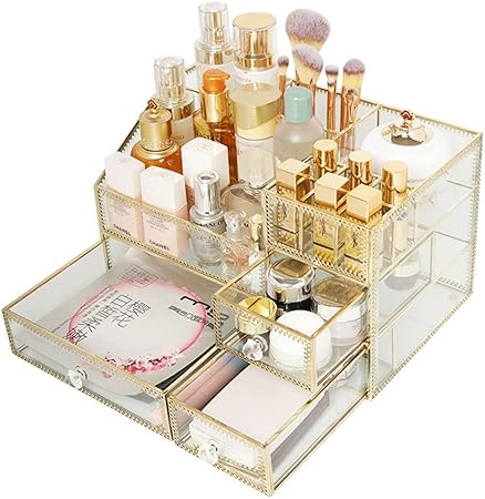 Amazon ガラス 真鍮 化粧品収納ボックス 化粧品収納ラック 透明化粧品ケース メイクボックス メイクケース コボックス 強い耐久性 整理簡単 引き出し 口紅スロット 化粧品入れ コスメ収納 32x19x16cm L Lei メイクボックス 通販