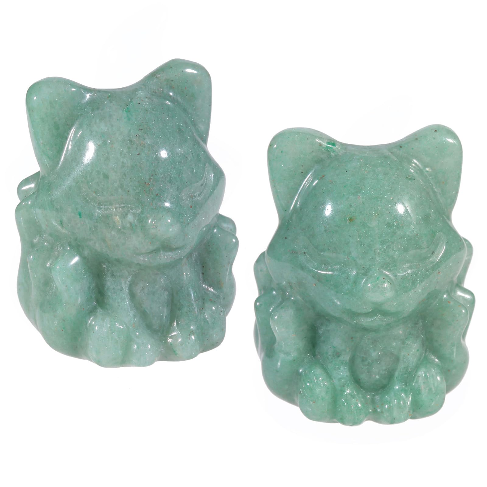 Nupuyai 2pcs Fox Mini Green Aventurine Crystal Stone Statue Carved Animal Figure, Stones Pocket Figurine Hand Carved Stone Ornament Home Office Decor
