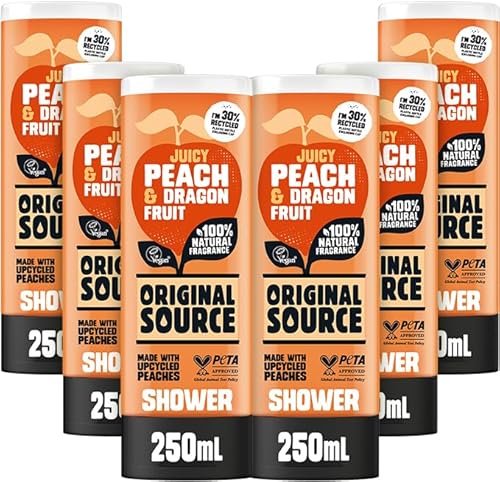 Original Source Juicy Peach & Dragonfruit Shower Gel with 100% Natural Fragrance, Vegan Shower Gel, Paraben Free Body Shower Wash, Multipack of 6 x 250ml