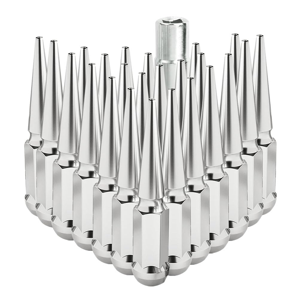 Photo 1 of 24PCS M14 x 1.5 Chrome Cone/Conical Bulge Seat Wheel Spike Lug Nuts with 1 Socket Key Compatible with Ford 2015-2017 F-150 2003-2016 F-250 F-350 1999-2019 Chevy Silverado GMC Sierra 12-22 Ram 1500
