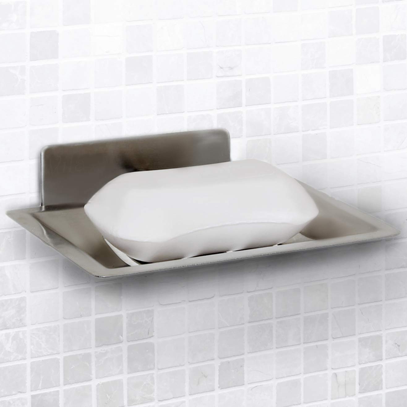 Stainless Steel Shower Soap Dish Holder by Vila -- Helps your soap last longer - Stylishly prevents pathogen growth in Bathrooms - Lightweight, Practical - Easy to Install with Included Sticker