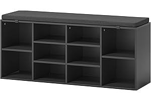 TJYGO Shoe Storage Bench, 10 Cubbies Shoe Rack Bench with Padded Seat, Space Saving Shoe Shelf for Entryway, Living Room, Hallway, Bedroom, Black