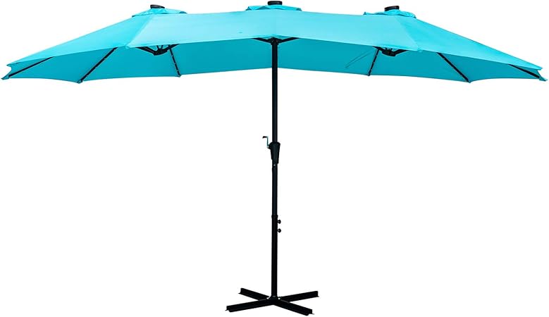 Amazon Com Hyd Parts Patio Umbrella 15 Ft Double Sided With Solar Led Lights Twin Sun Canopy Umbrella With Crank And Cross Base For Garden Deck Backyard Blue Garden Outdoor