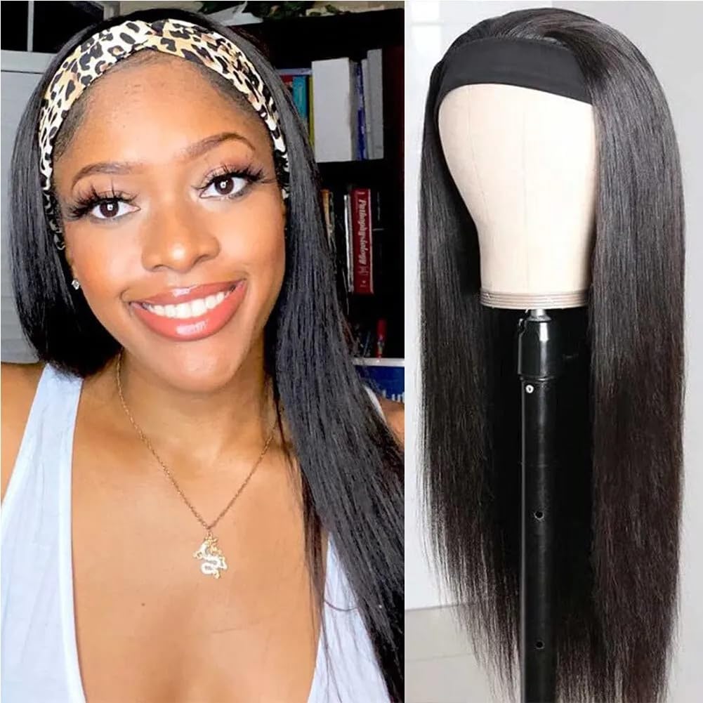 Urshiney Brazilian Straight Headband Human Hair Wig for Black Women Machine Made None Lace Front Half Wigs Human Hair With Headband No Shedding Natural Black Color Can Be Dyed 24 Inch