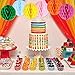 NUOLUX Birthday Party Decorations Kit - Paper Cone Hats with Pom Poms Party Blowouts Balloons Hanging Paper Honeycomb Flower Balls Heart Shaped Cake Toppers