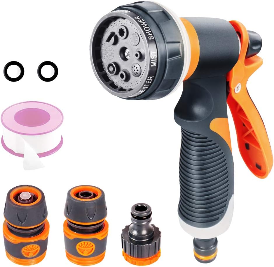 VICKMALL Hose Spray Gun with Hose Connector 8 Adjustable Patterns Hose Gun High Pressure Hose Nozzle with Flow Control Garden Hose Spray Gun for Watering Plants and Lawns Washing Cars and Pets