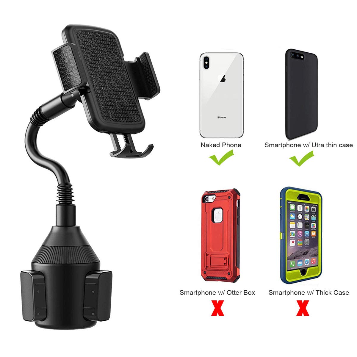 Denmer Cell Phone Cup Holder for Car, Cup Holder Phone Mount Cradle Mount Compatible for iPhone XR/XS/Max/X/8/8 Plus/7/7 Plus, Samsung S10/S10e/S9+/8/8 Black