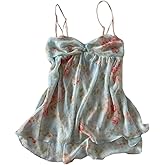 Floral Graphic Crop Tops Women Spaghetti Strap Tank Top Y2k Coquette Bow Tie Camisole Vintage Grunge Streetwear