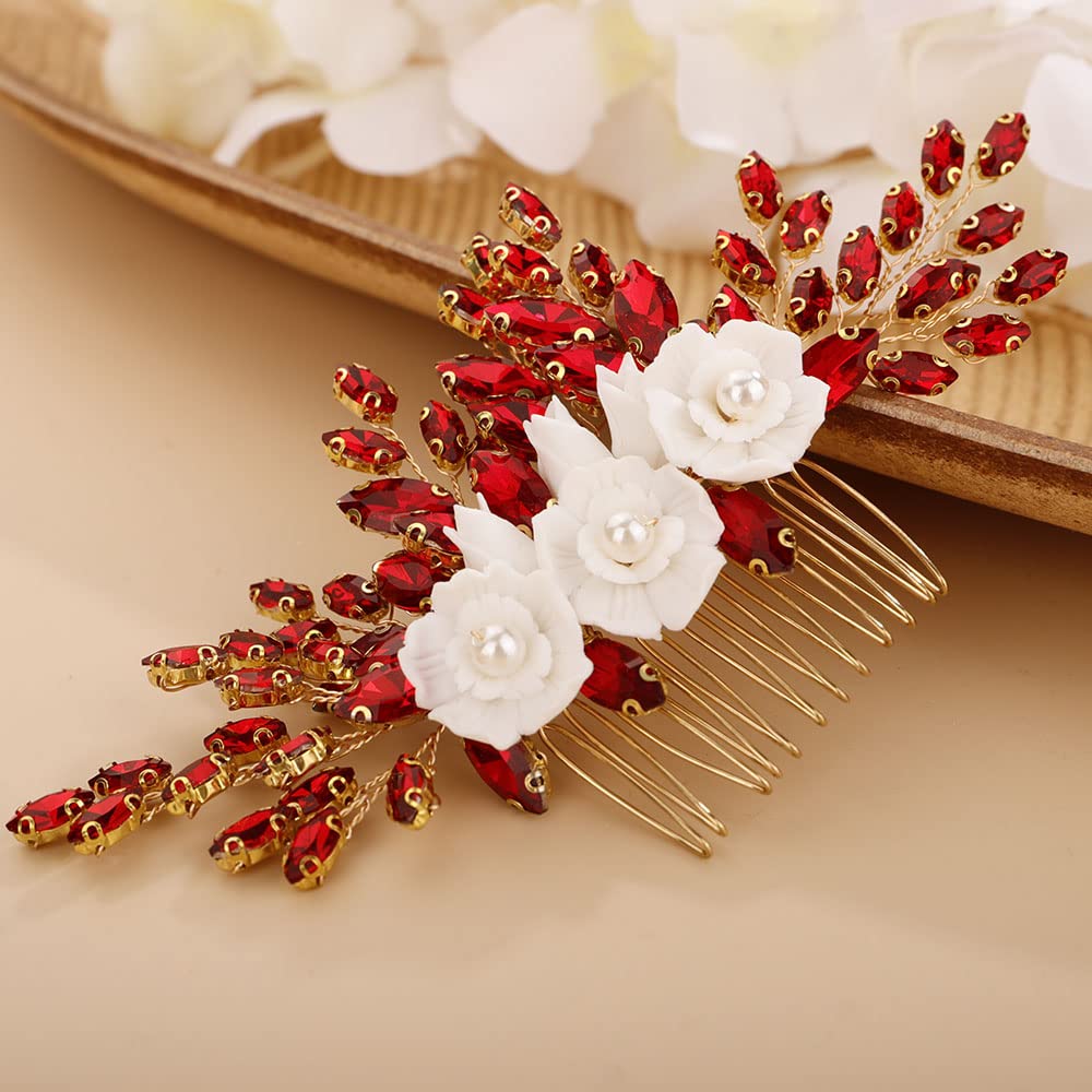 Chargances Bridal Wedding White Flower Hair Comb Red Crystal Hair Side Comb Fashion Rhinestone Headpiece for Wedding Prom Festival Bridesmaid Hair Accessoriecs for Women and Girls (Red)