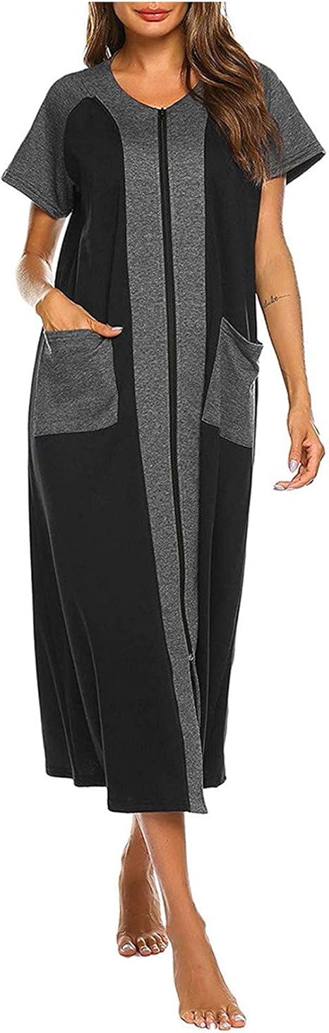 Robe de chambre noire avec deux poches et fermeture ?�clair - Manches courtes et col en V - Pour 