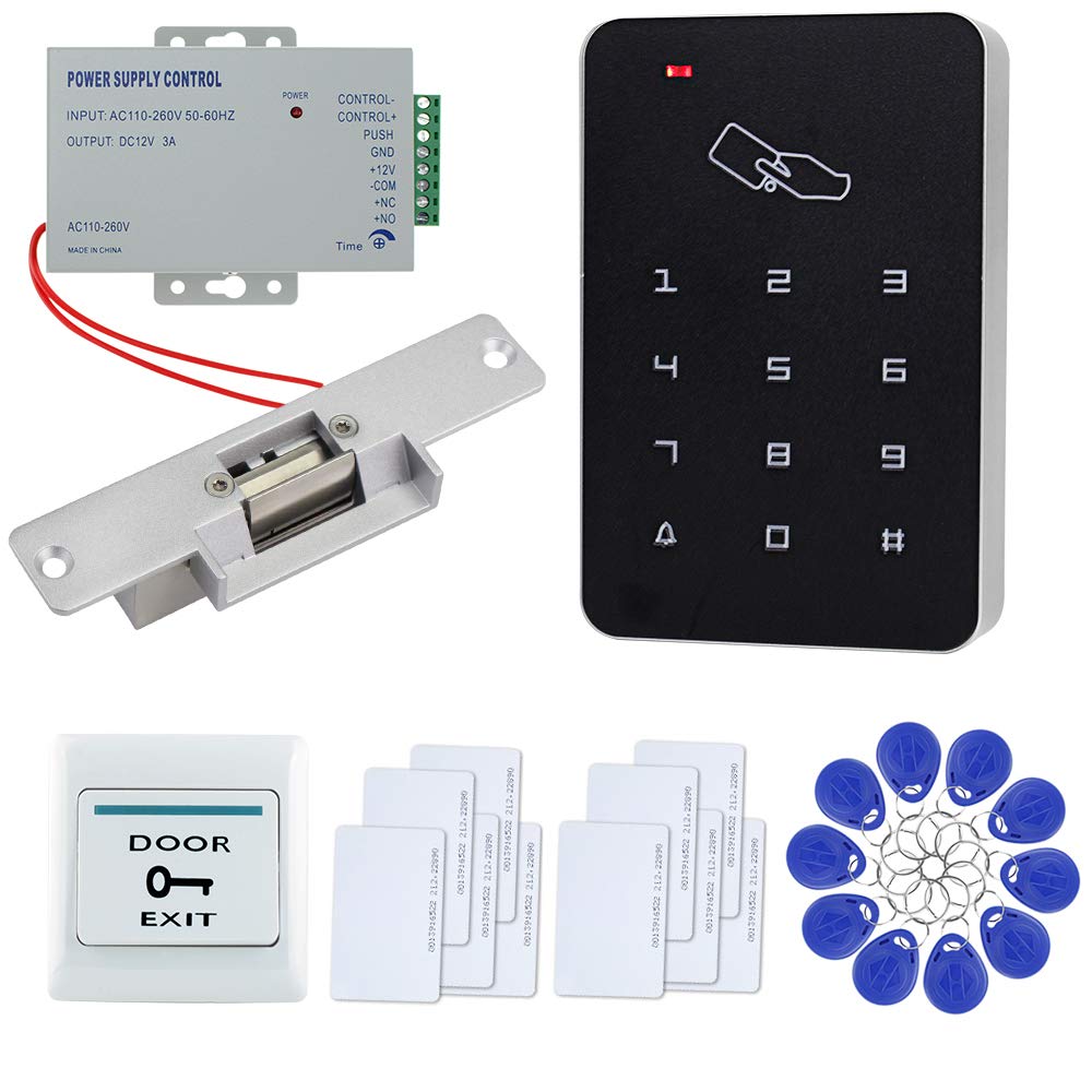 FTSTech RFID Full Door Access Control Home Security Kit with 125KHz Standalone Keypad+ Electric Lock + Power Supply +Exit Button+10pcs Keyfobs+10pcs White Cards (NC Electric Lock Kit)