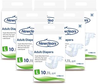 Newclears Adult Diapers with Tabs for Men Women Incontinence Care, Disposable Absorbent for Disability Postnatal Patient Bedridden Care, 10 Count/Pack, 6 Pack, L