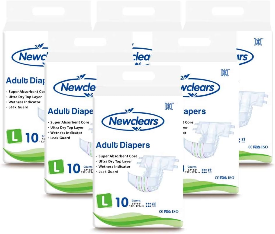 Newclears Adult Diapers with Tabs for Men Women Incontinence Care, Disposable Absorbent for Disability Postnatal Patient Bedridden Care, 10 Count/Pack, 6 Pack, L