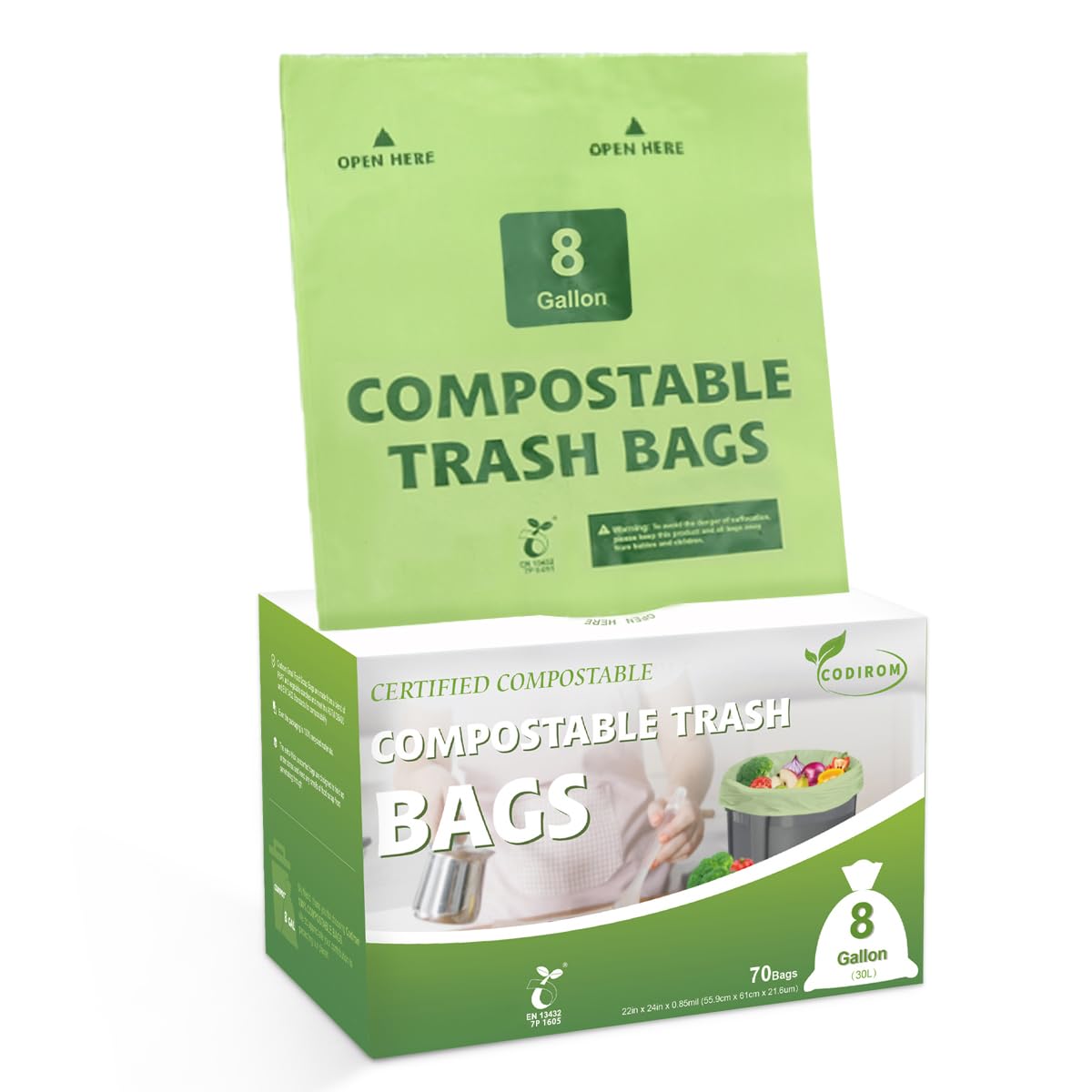 Photo 1 of 100% Compostable Trash Bags, 8 Gallon, 30 Liter, 0.85 Mils, 70 Count Large Kitchen Food Scrap Compost Bags for Kitchen Step Trash Cans with Europe EN13432 Certified