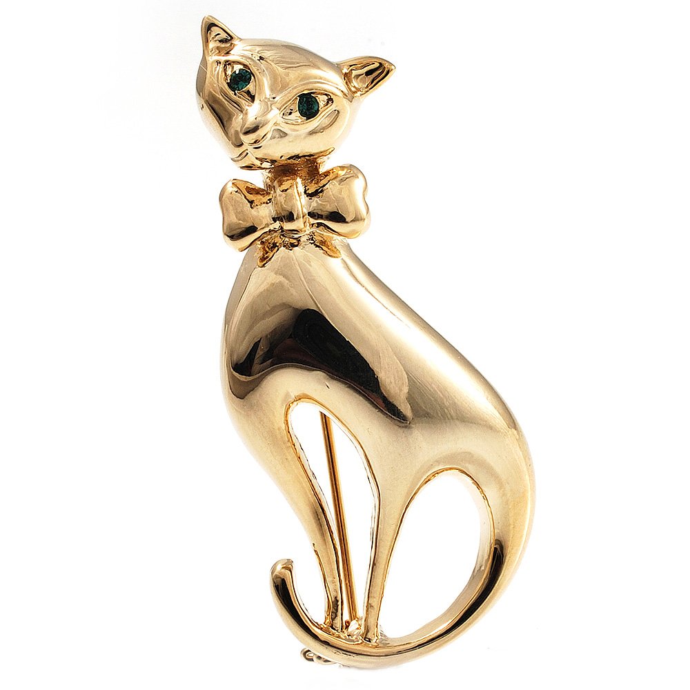 Polished Gold Tone Sitting Cat Brooch