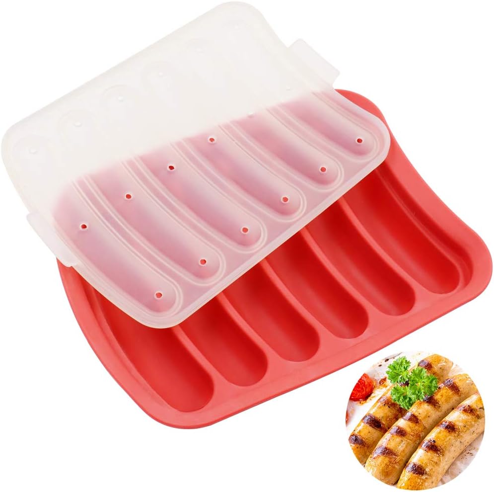 Sausage Silicone Mold ,Meiyouju 6 Cavity Hot Dog Silicone Mold ,Sausage Mold for DIY Homemade Hot Dogs,Bread, Candy, Chocolate and Cake(Red)