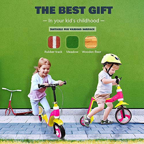 Verkstar Kick Scooter for Kids Toddlers Girls Boys, 2 in 1 Kids Scooter with Handbrake, Adjustable Handle, Extra-Wide Deck, The Latest Outdoor Toys for Kids Activities (Yellow & Pink)