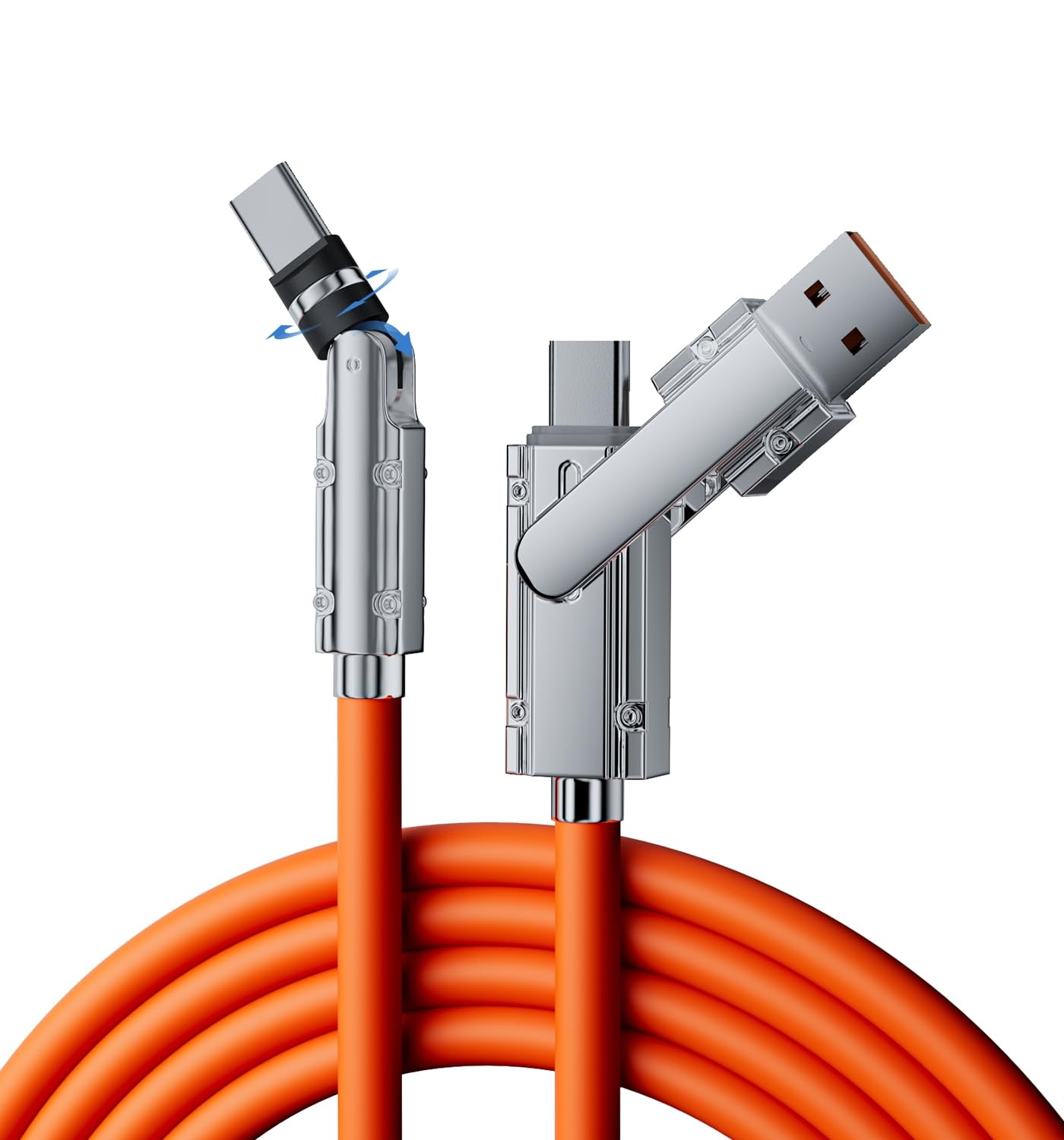 Photo 1 of 540°Rotatable 2-in-1 Fast Charging Cable with PD100W,Liquid Silicone Tangle-Free Design,Zinc Alloy Connector,Dual Mode Switching,Skin-Friendly Soft Texture for iPhone/Android/Type-C Devices (Orange)