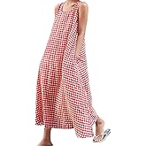 chouyatou Women's Summer Casual Loose-Fit Cotton Plaid Tank Maxi Dress with Pockets Boho Beach Sundress