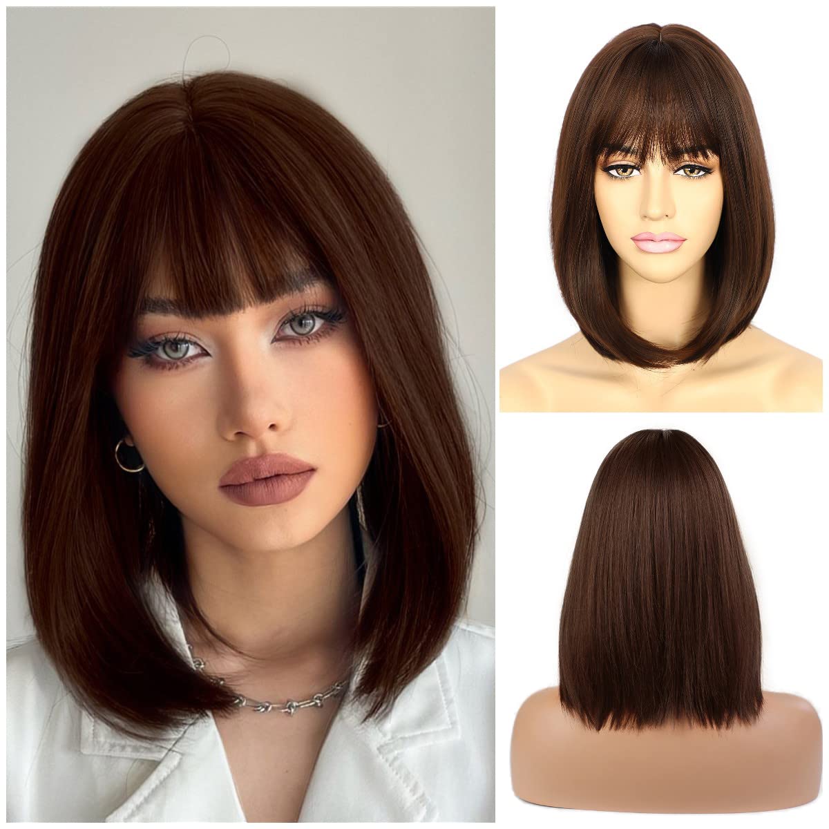 Sapphirewigs Dark Brown Wigs for Women Bob Wig with Bangs Short Shoulder Length Daily Party Hair Natural Looking 14 inch — image 1
