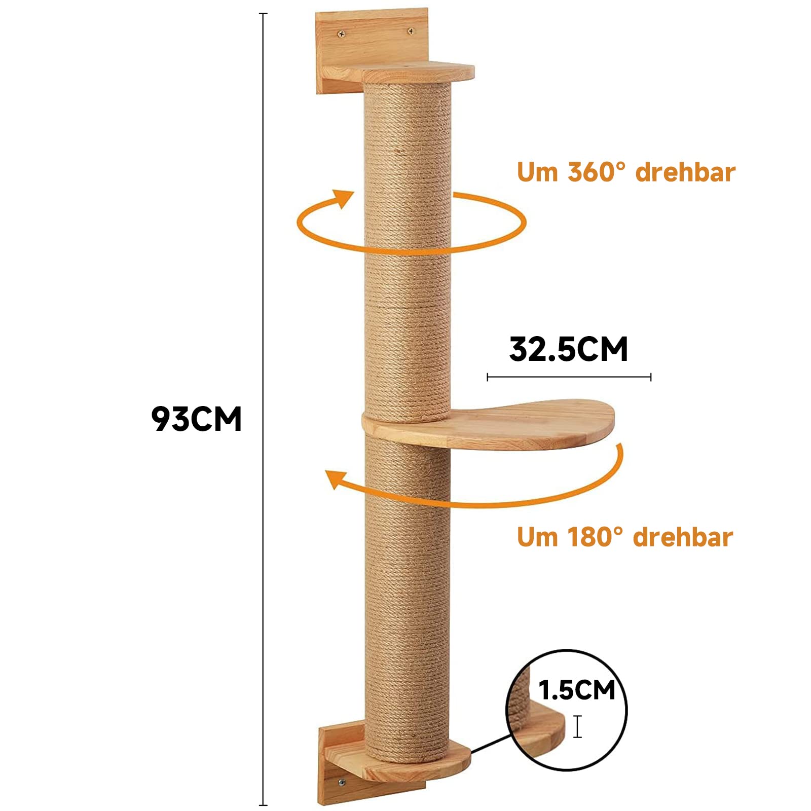 FUKUMARU Kletternwand Katzen, Kratzbaum für Katzen, 93cm hoch Katzenbaum mit Katzentreppe, Kratzpfosten aus Jute, Katzenkratzbaum aus natürlichem massivem Gummiholz 4