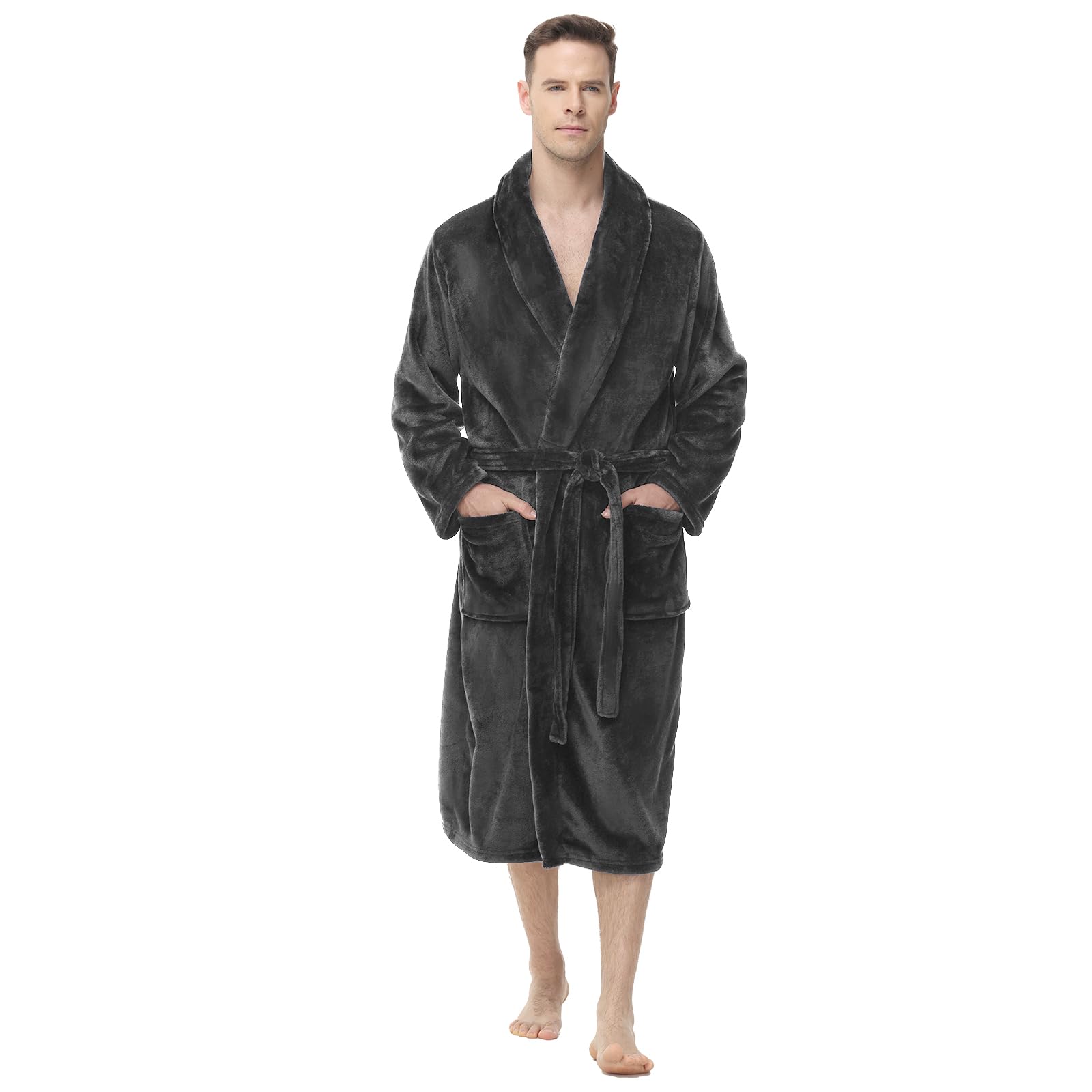 Yurhap Mens Fleece Robe, Soft Plush Robe for Men, Fluffy Bathrobe with Belt & 2 Pockets