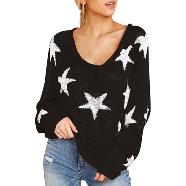 Womens Star Pattern Knitted Sweaters Casual Oversized Crewneck