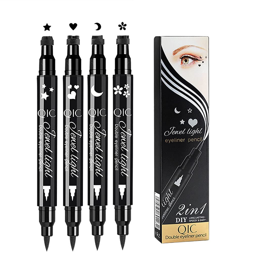 QUEMISS Double-Headed Seal Black 4 Pack Liquid Liner Triangle Stamp Eyeliner Pen Long Lasting Waterproof Eyeliner Pencil