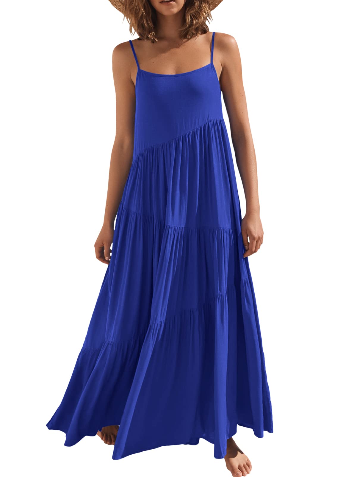 Photo 1 of ANRABESS Women Summer Casual Loose Sleeveless Sundress Spaghetti Strap Flowy Boho Linen Beach Vacation Maxi Long Dress Royan Blue XXL-Large