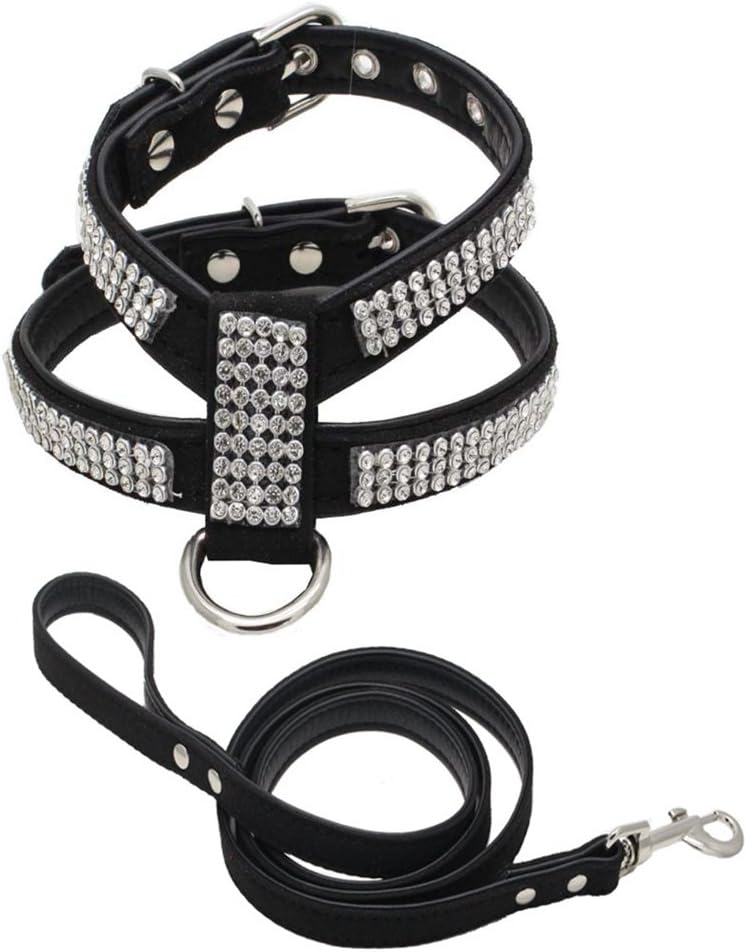 Alxcio Pet Puppy Cat Dog Collar Adjustable Harness Chest Strap Belt with Diamonds Easy Fit Durable PU Leather & Bling Diamante Rhinestone Crystal Size M Black