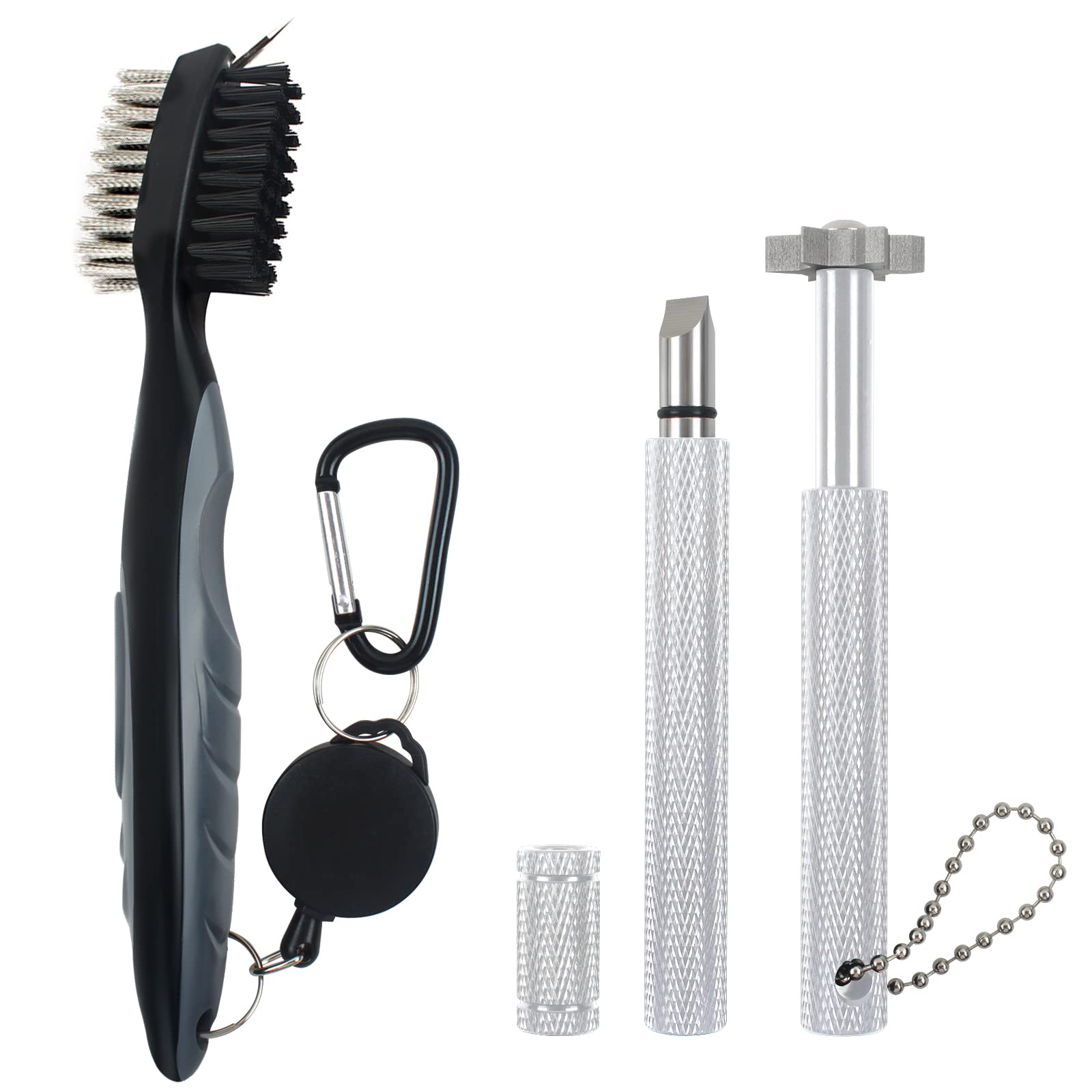 VIPMOON Golf Clean Tool Set, Retractable Golf Club Brush and 2 Golf Club Groove Sharpener for U & V-Grooves, Golf Accessories for Men (Silver)