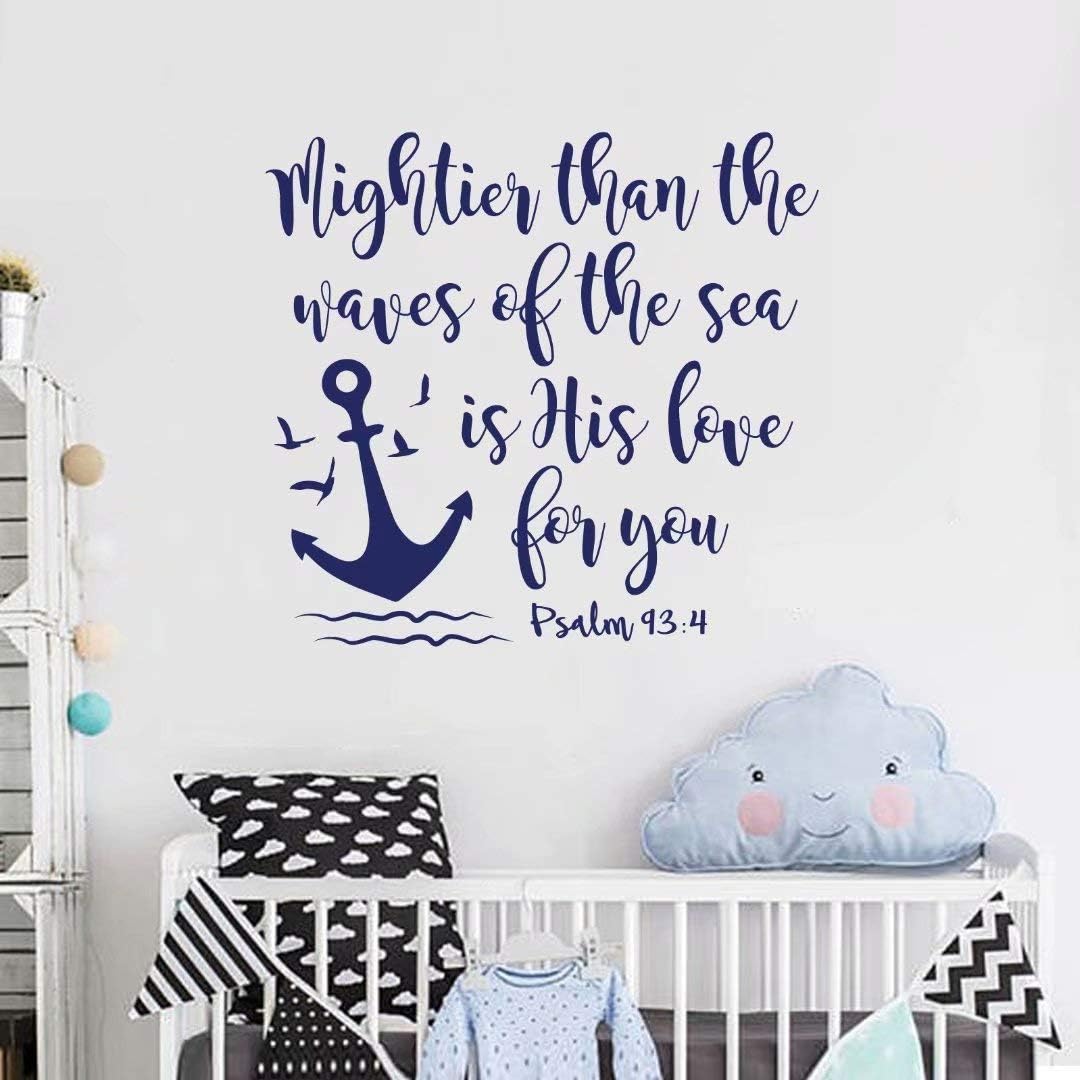 BATTOO Bible Verse Wall Decal Mightier Than The Waves of The Sea is His Love for You- Scripture Wall Decal Psalm 93:4- Nautical Nursery Wall Decal Quote(Dark Blue, 16" WX15 H)