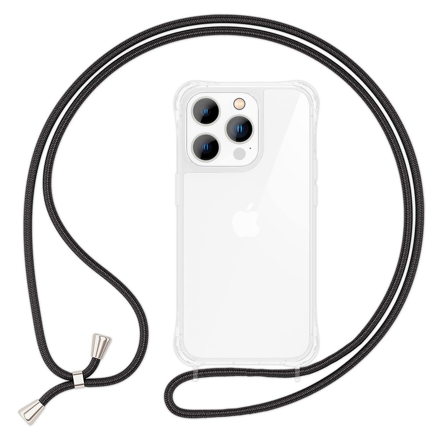 NALIA Necklace Case for iPhone 14 Pro Max - Transparent Hybrid Cover & Strap - HANGIT PRO (Anti-Yellow Back & Adjustable) - German Brand, Color:Black