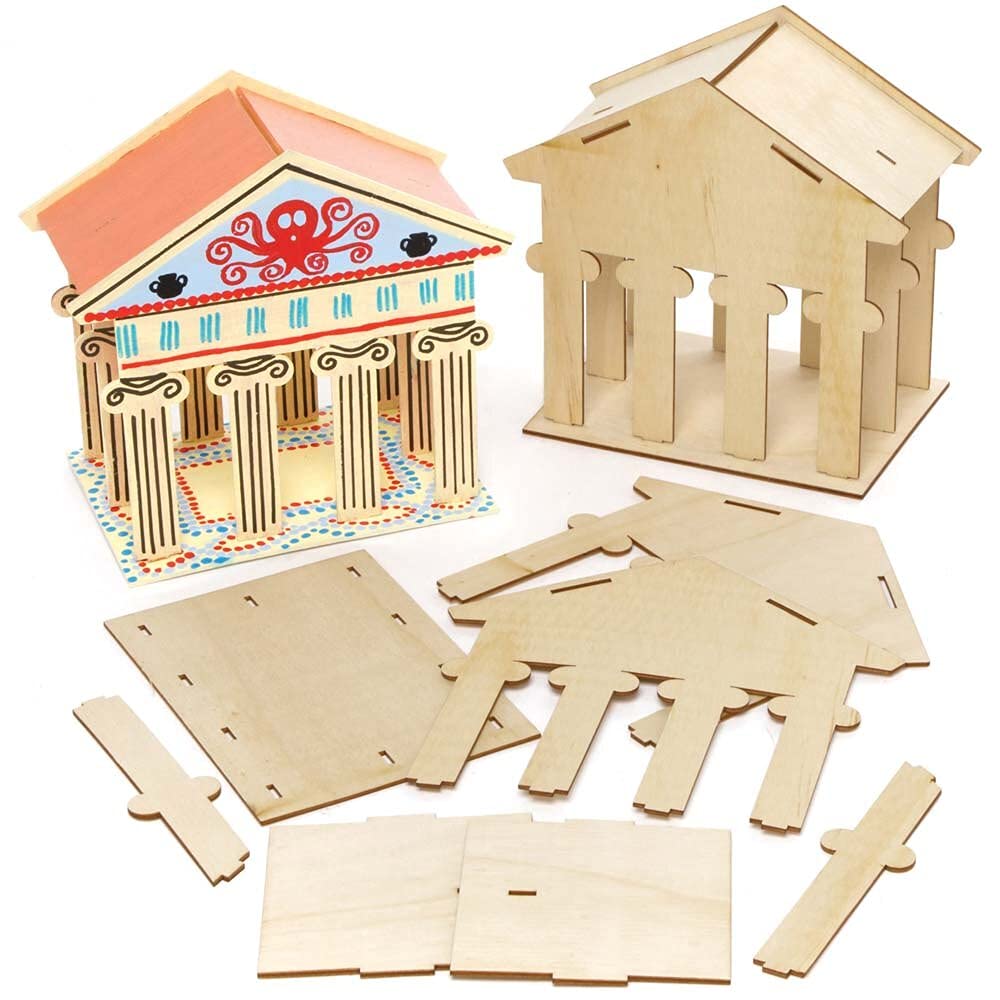 Baker Ross FE455 Greek Temple Wooden Kits - Pack of 2, Wooden Crafts for Children to Decorate and Display, Kids Educational Activity